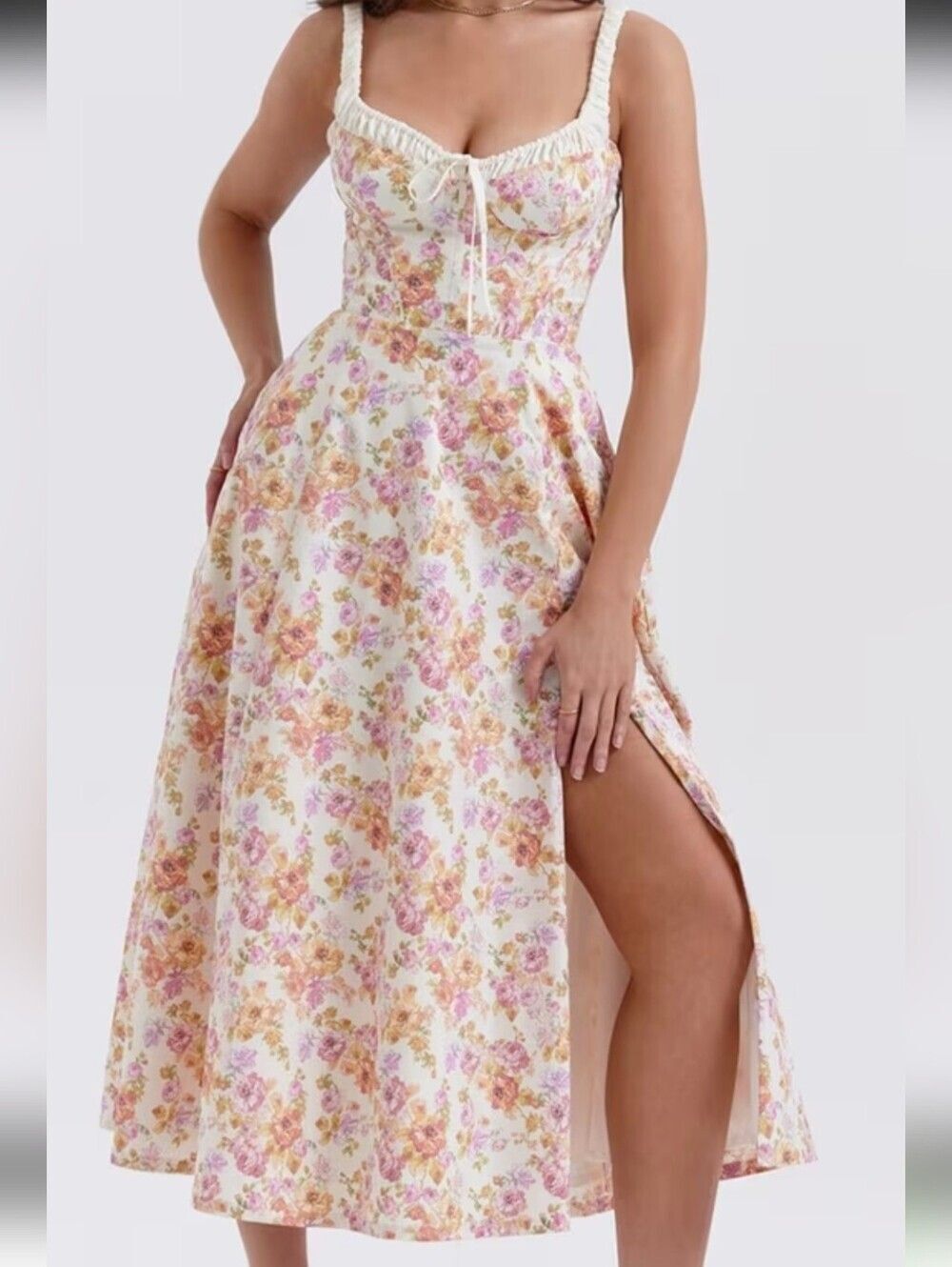Princess Fit Midi Floral Corset Midi Dress - White Pink & Gold Floral Sz Small